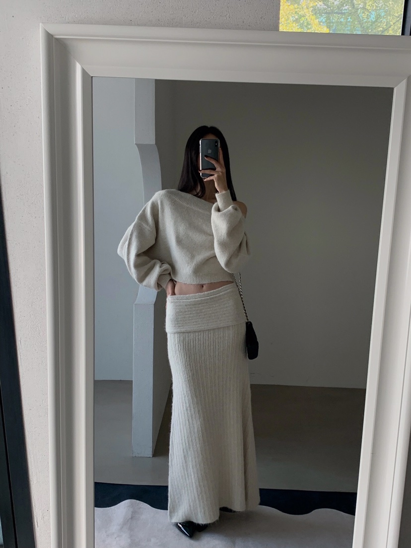 VERANDA韓國直郵㊣女士新品休閑人氣推薦時尚套裝馬海毛露肩VERANDA套裝