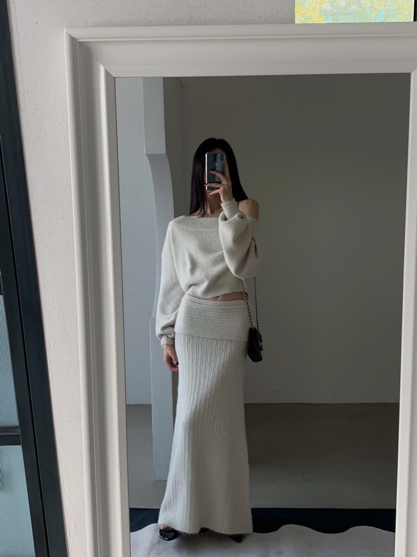 VERANDA韓國直郵㊣女士新品休閑人氣推薦時尚套裝馬海毛露肩VERANDA套裝