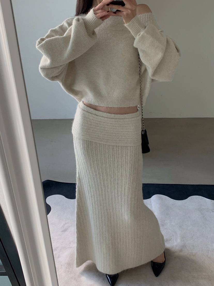 VERANDA韓國直郵㊣女士新品休閑人氣推薦時尚套裝馬海毛露肩VERANDA套裝