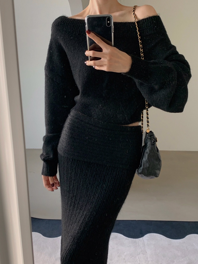 VERANDA韓國直郵㊣女士新品休閑人氣推薦時尚套裝馬海毛露肩VERANDA套裝