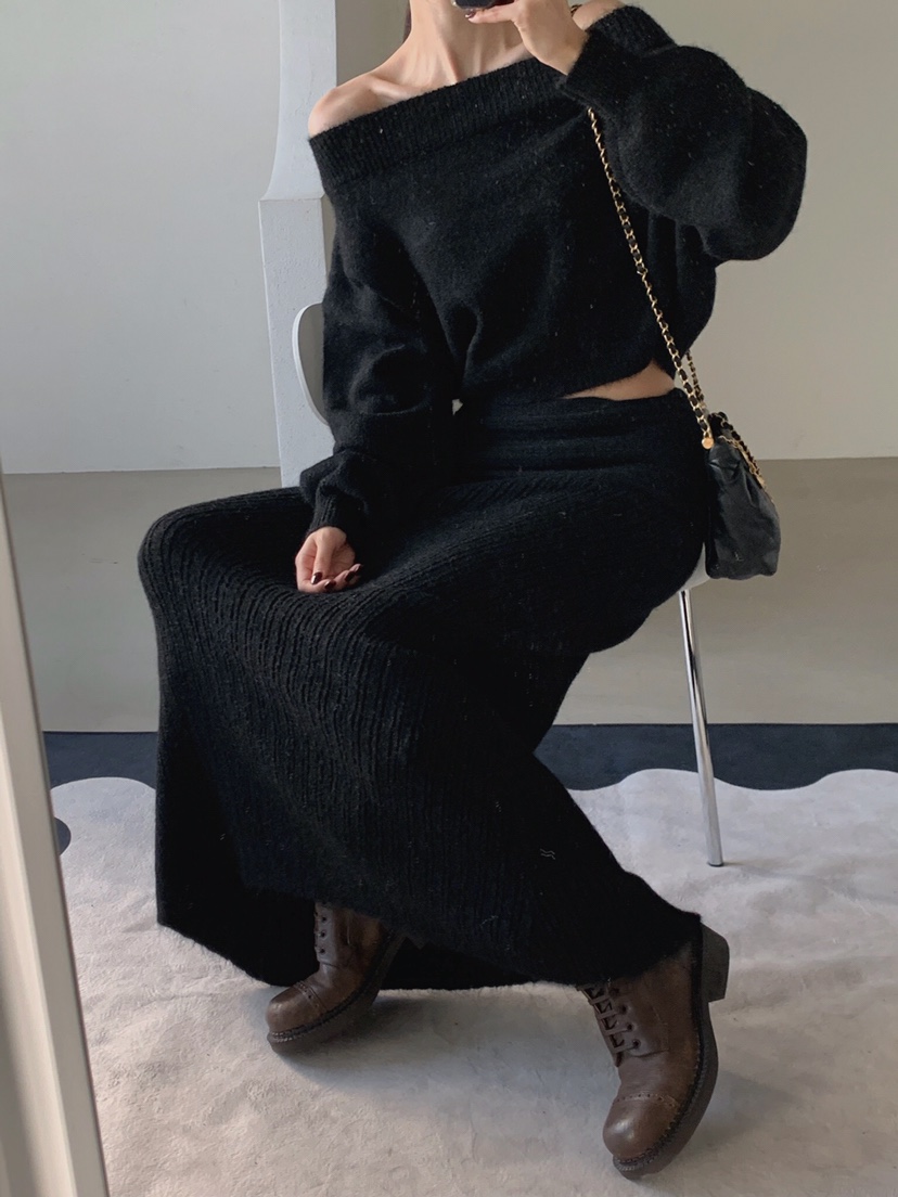 VERANDA韓國直郵㊣女士新品休閑人氣推薦時尚套裝馬海毛露肩VERANDA套裝