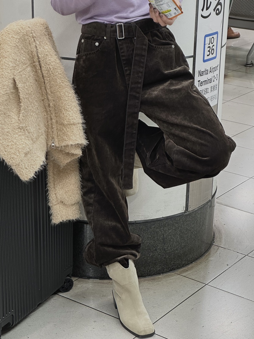 ZEROZERO韓國直郵㊣女裝新款熱賣人氣時尚休閑褲天鵝絨含腰帶ZEROZERO休閑褲