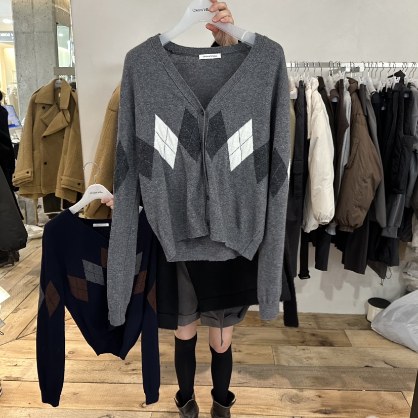 CREAM VILLA韓國代購㊣女裝新品推薦針織衫羊毛衫格紋CREAMVILLA針織衫圖色1