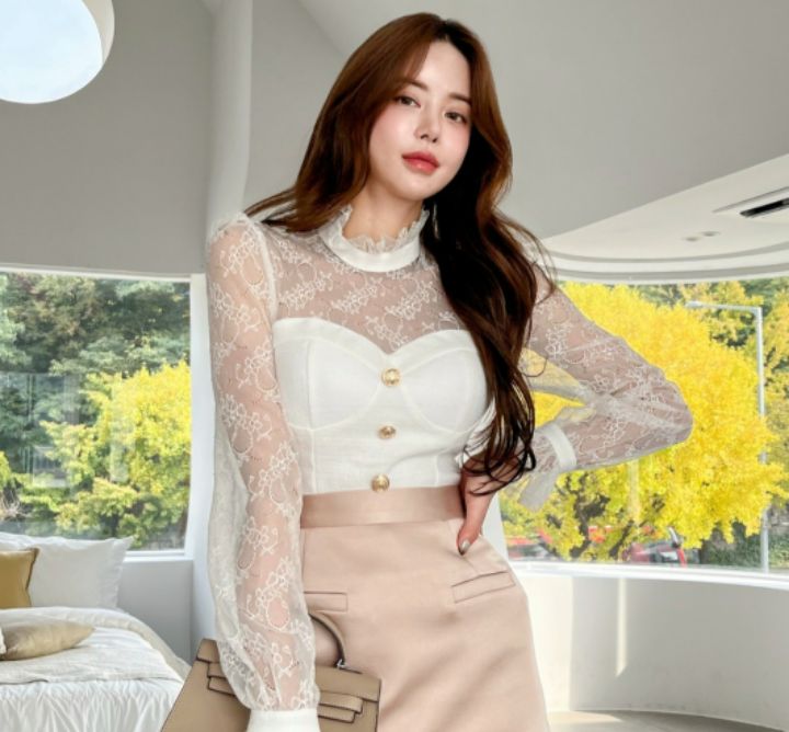 HIGH HEELS韓國直郵㊣女裝新品時尚熱賣25秋冬推薦襯衫蕾絲衫HIGH HEELS襯衫/蕾絲衫