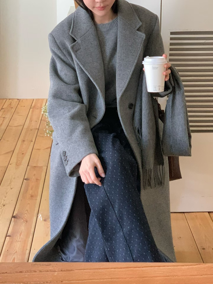 BINUS韓國代購㊣女士新款人氣熱賣25秋冬職業中長款大衣羊毛BINUS中長款大衣