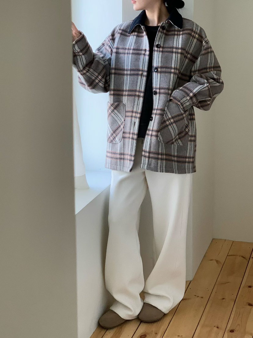 BINUS韓國代購㊣女士新款休閑職業推薦時尚短款大衣羊毛格紋BINUS短款大衣