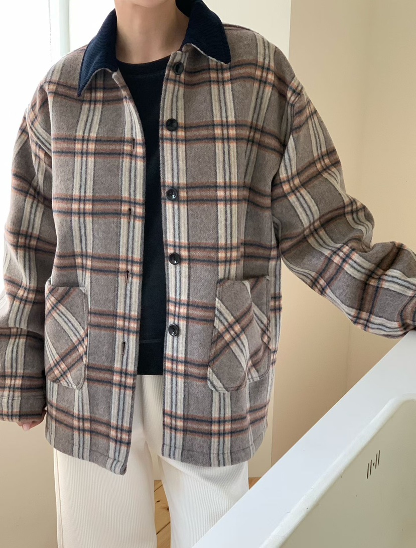 BINUS韓國代購㊣女士新款休閑職業推薦時尚短款大衣羊毛格紋BINUS短款大衣