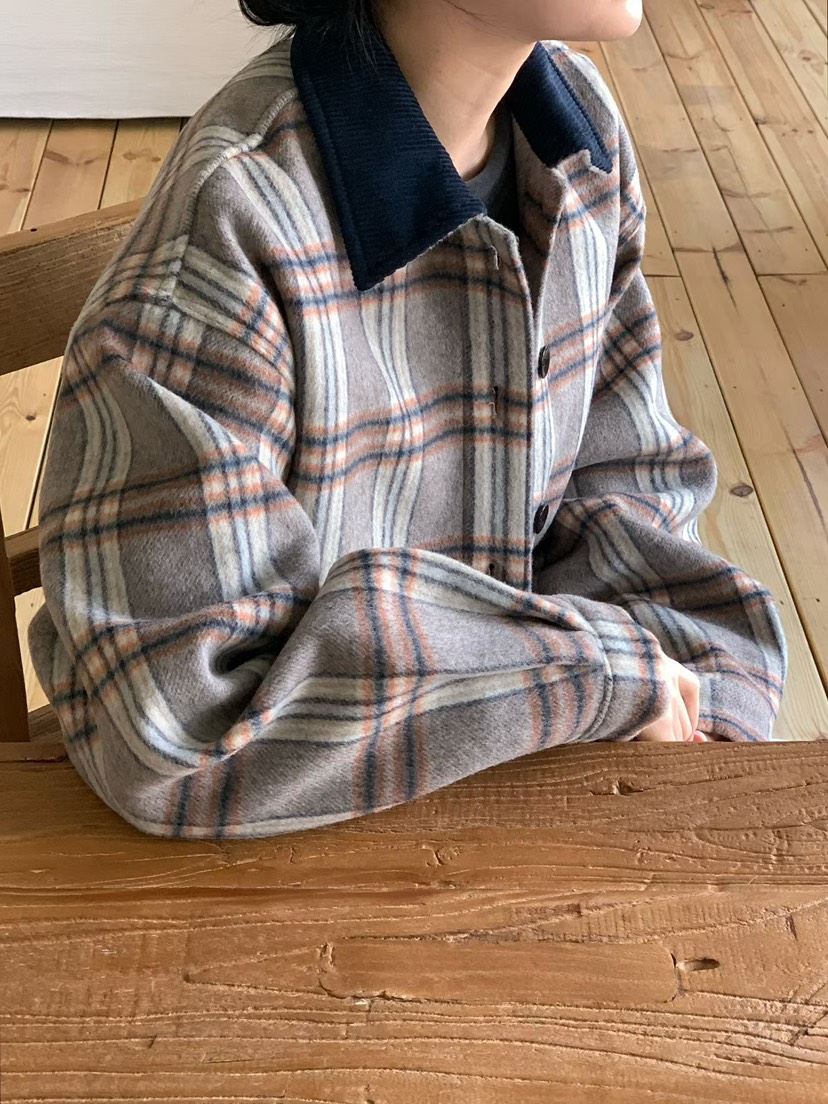 BINUS韓國代購㊣女士新款休閑職業推薦時尚短款大衣羊毛格紋BINUS短款大衣