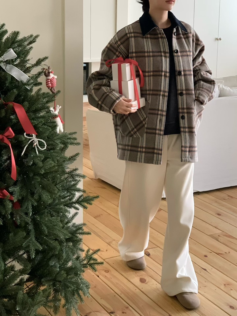 BINUS韓國代購㊣女士新款休閑職業推薦時尚短款大衣羊毛格紋BINUS短款大衣