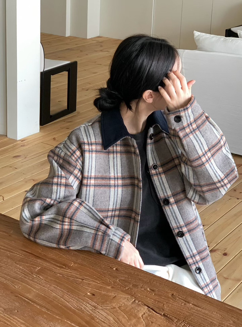 BINUS韓國代購㊣女士新款休閑職業推薦時尚短款大衣羊毛格紋BINUS短款大衣