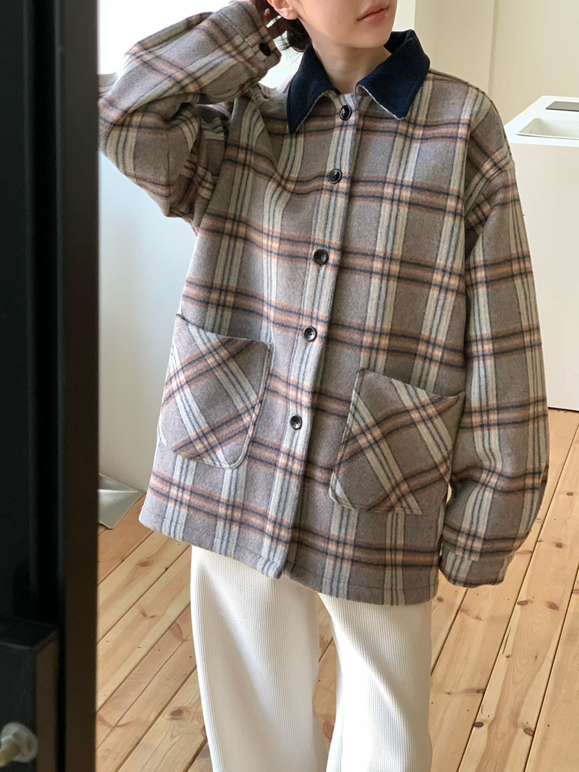 BINUS韓國代購㊣女士新款休閑職業推薦時尚短款大衣羊毛格紋BINUS短款大衣