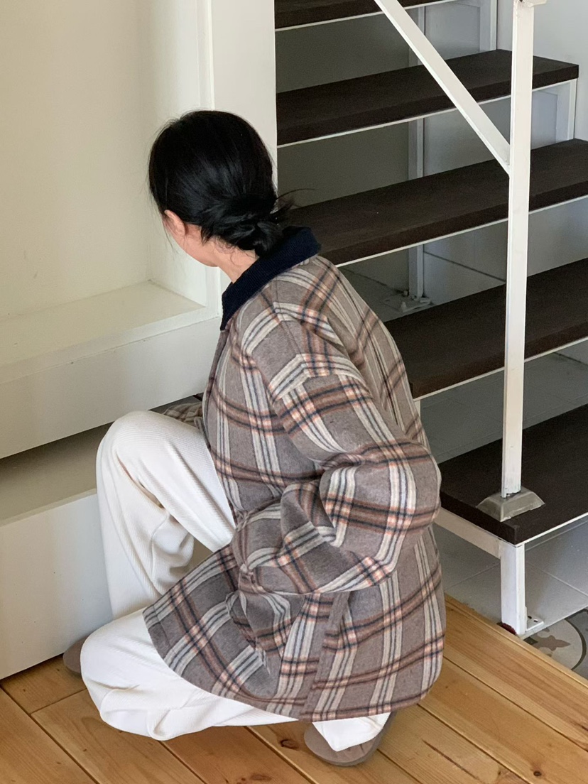 BINUS韓國代購㊣女士新款休閑職業推薦時尚短款大衣羊毛格紋BINUS短款大衣