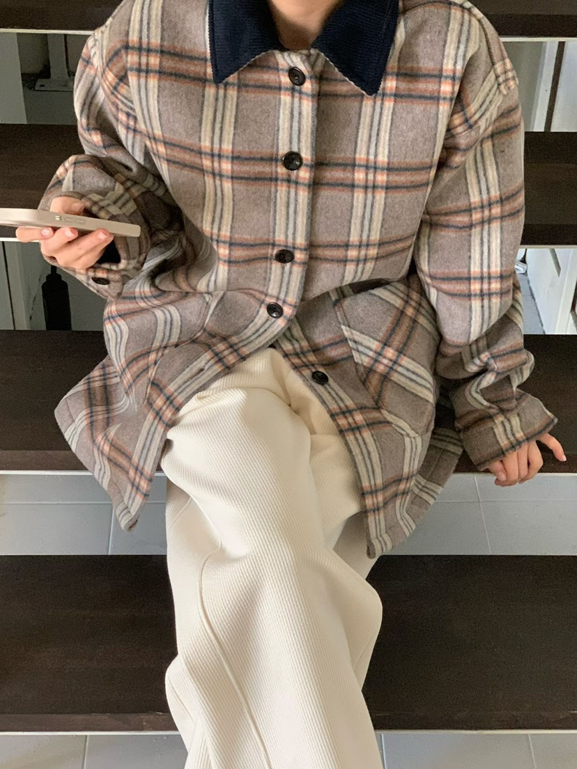 BINUS韓國代購㊣女士新款休閑職業推薦時尚短款大衣羊毛格紋BINUS短款大衣