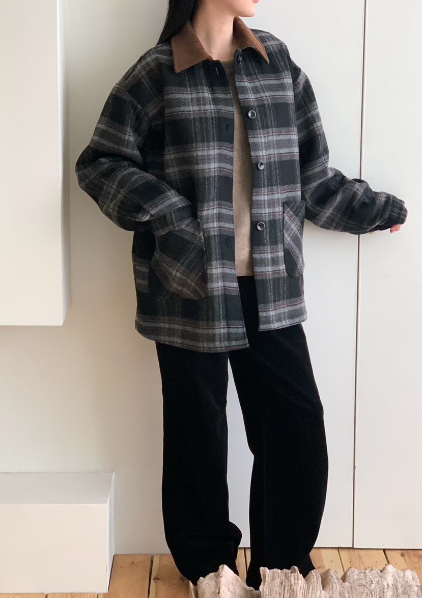 BINUS韓國代購㊣女士新款休閑職業推薦時尚短款大衣羊毛格紋BINUS短款大衣