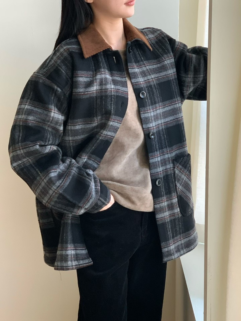 BINUS韓國代購㊣女士新款休閑職業推薦時尚短款大衣羊毛格紋BINUS短款大衣