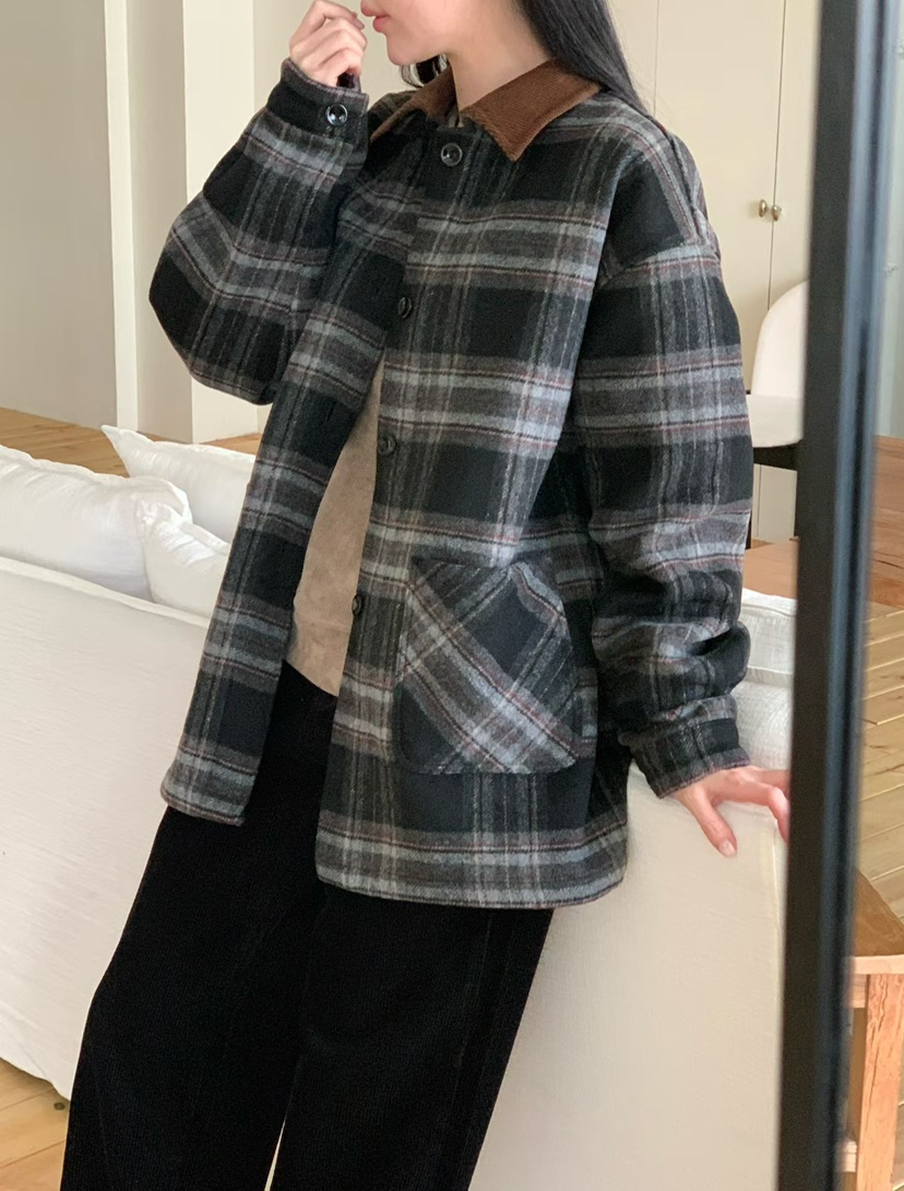 BINUS韓國代購㊣女士新款休閑職業推薦時尚短款大衣羊毛格紋BINUS短款大衣