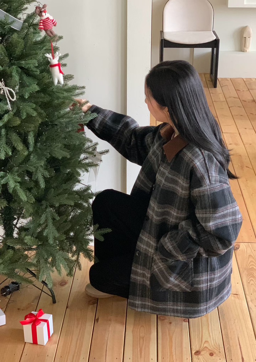 BINUS韓國代購㊣女士新款休閑職業推薦時尚短款大衣羊毛格紋BINUS短款大衣