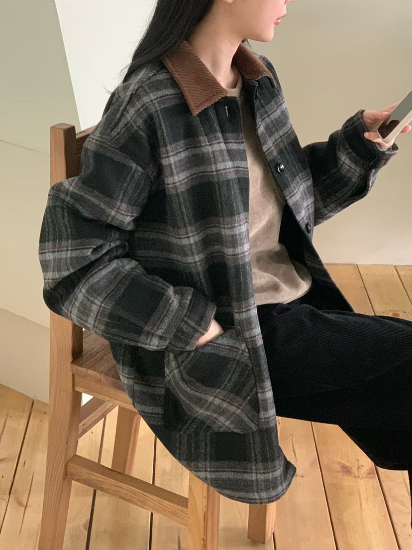 BINUS韓國代購㊣女士新款休閑職業推薦時尚短款大衣羊毛格紋BINUS短款大衣