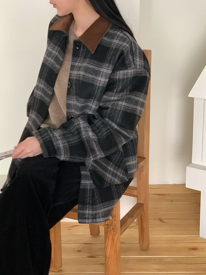 BINUS韓國代購㊣女士新款休閑職業推薦時尚短款大衣羊毛格紋BINUS短款大衣