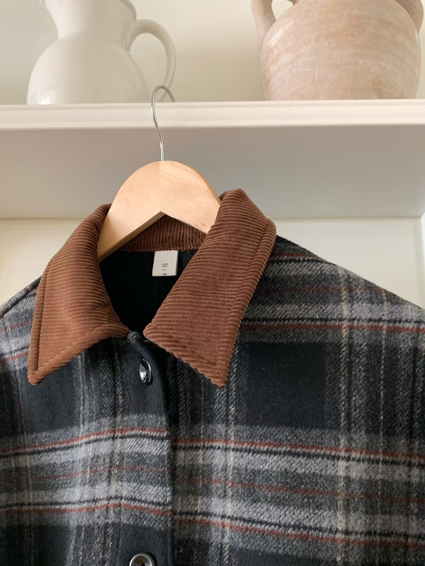 BINUS韓國代購㊣女士新款休閑職業推薦時尚短款大衣羊毛格紋BINUS短款大衣