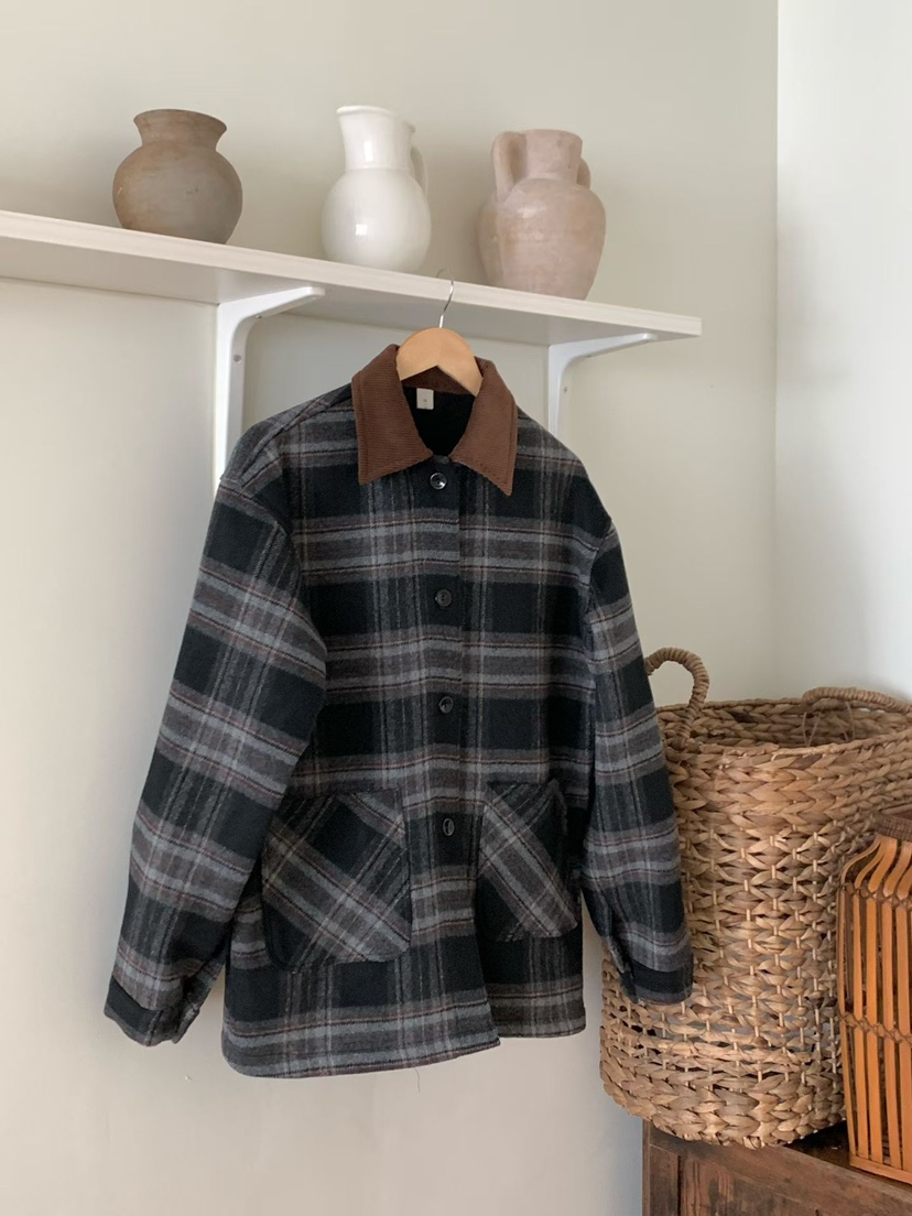 BINUS韓國代購㊣女士新款休閑職業推薦時尚短款大衣羊毛格紋BINUS短款大衣