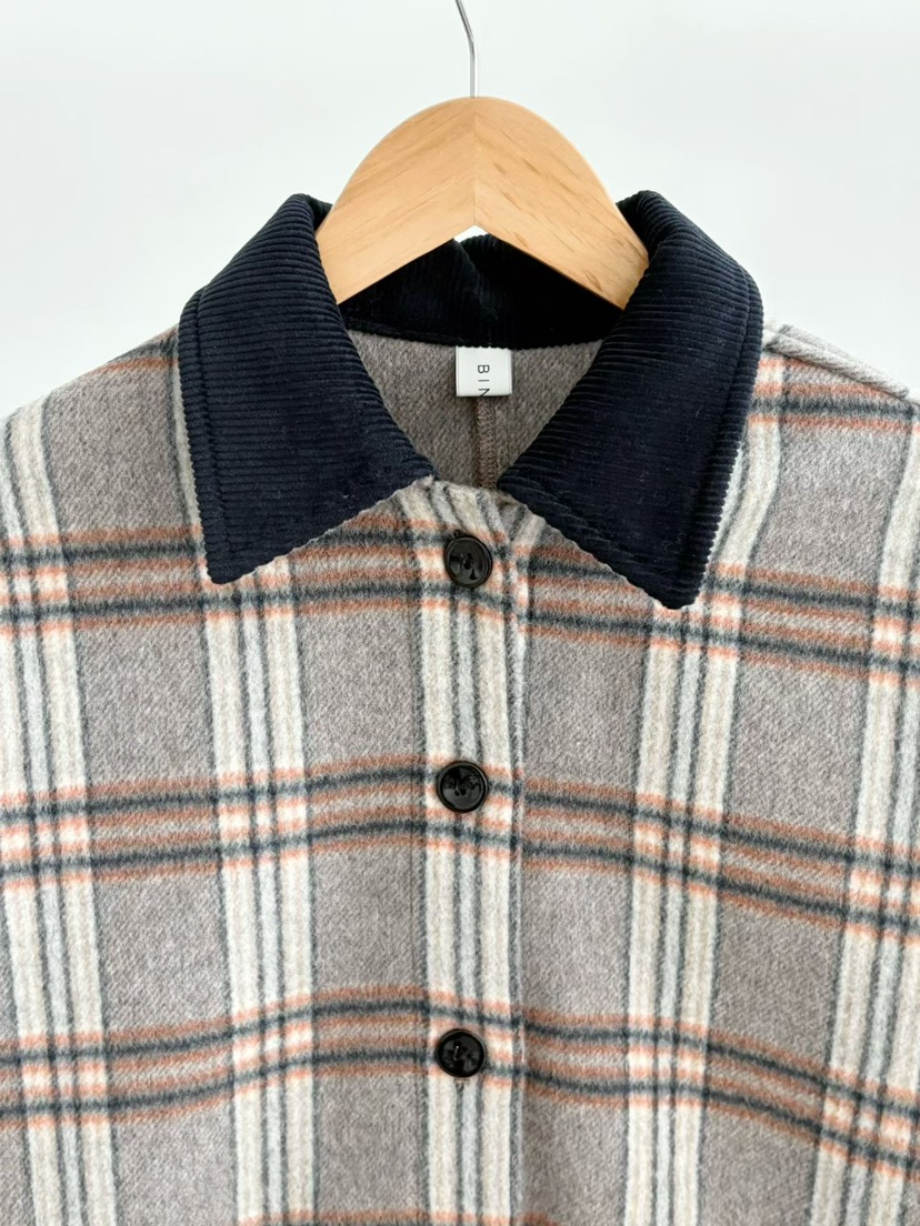 BINUS韓國代購㊣女士新款休閑職業推薦時尚短款大衣羊毛格紋BINUS短款大衣