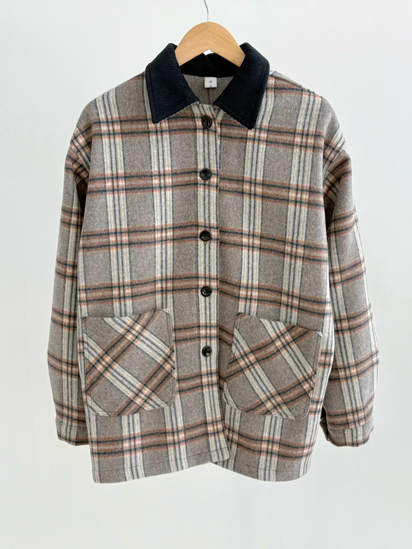 BINUS韓國代購㊣女士新款休閑職業推薦時尚短款大衣羊毛格紋BINUS短款大衣圖色1