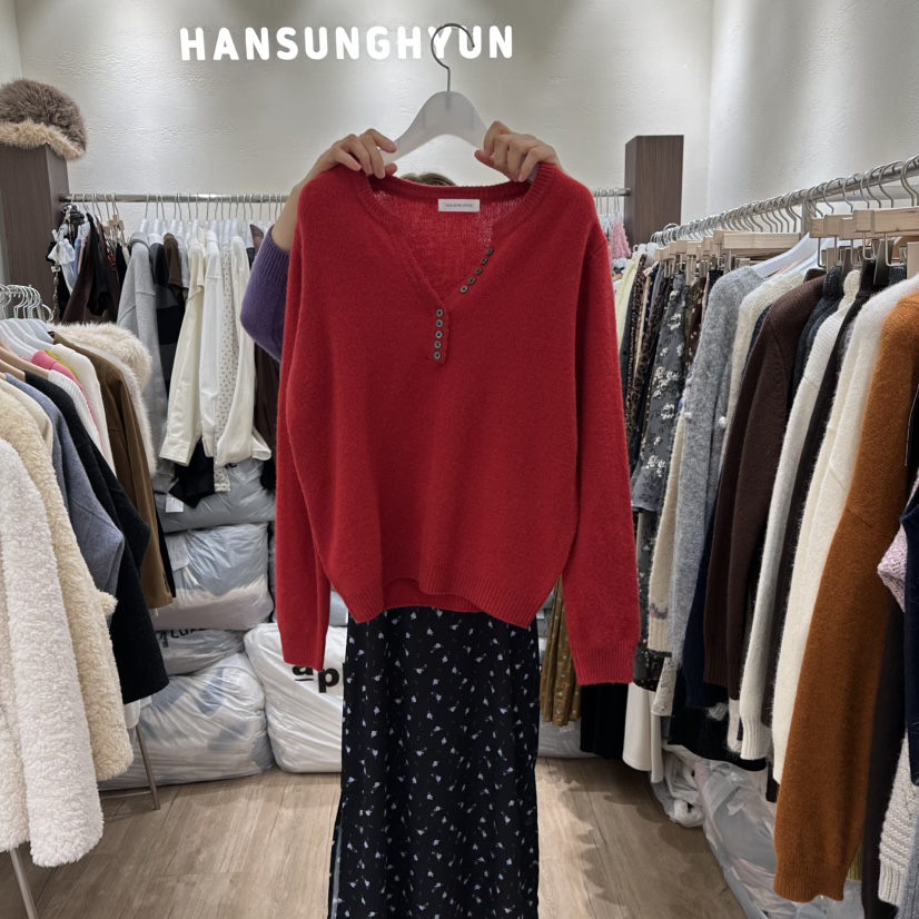 HANSUNGHYUN東大門㊣實拍女裝新品職業25秋冬針織衫V領羊毛紐扣HANSUNGHYUN針織衫圖色3