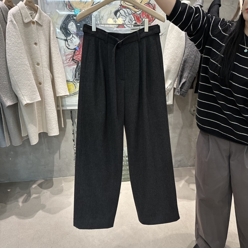LAMAGIEPIE東大門㊣代購女士新款推薦25秋冬休閑褲含腰帶抓絨LAMAGIE GREY休閑褲圖色1墨色