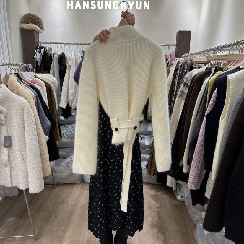 HANSUNGHYUN東大門㊣代購女裝新品職業25秋冬毛衣羊毛拉鏈腰帶HANSUNGHYUN毛衣