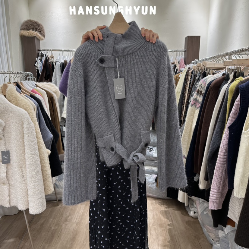 HANSUNGHYUN東大門㊣代購女裝新品職業25秋冬毛衣羊毛拉鏈腰帶HANSUNGHYUN毛衣圖色2