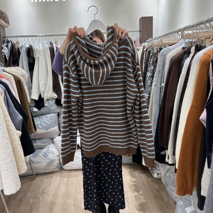 HANSUNGHYUN東大門㊣直郵女士新款休閑衛衣連帽針織衫羊毛條紋HANSUNGHYUN衛衣