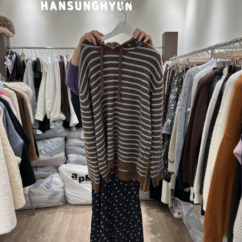 HANSUNGHYUN東大門㊣直郵女士新款休閑衛衣連帽針織衫羊毛條紋HANSUNGHYUN衛衣圖色2