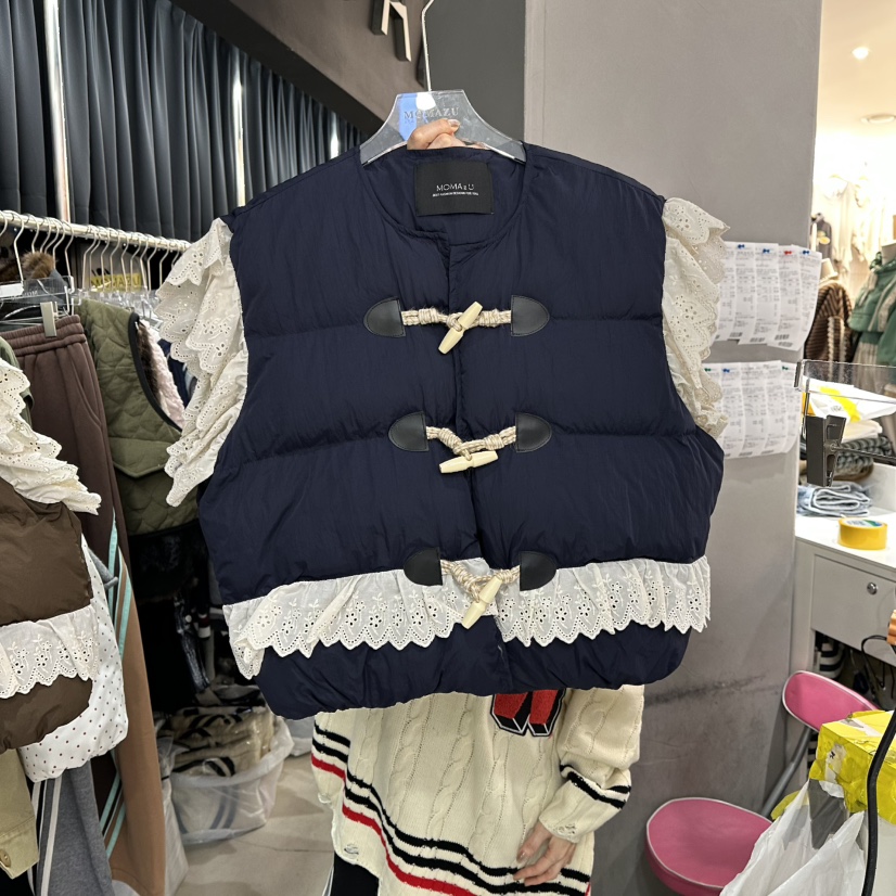 MOMAZU韓國代購㊣女士新品職業人氣推薦時尚25秋冬馬甲蕾絲MOMAZU馬甲圖色1深藍色