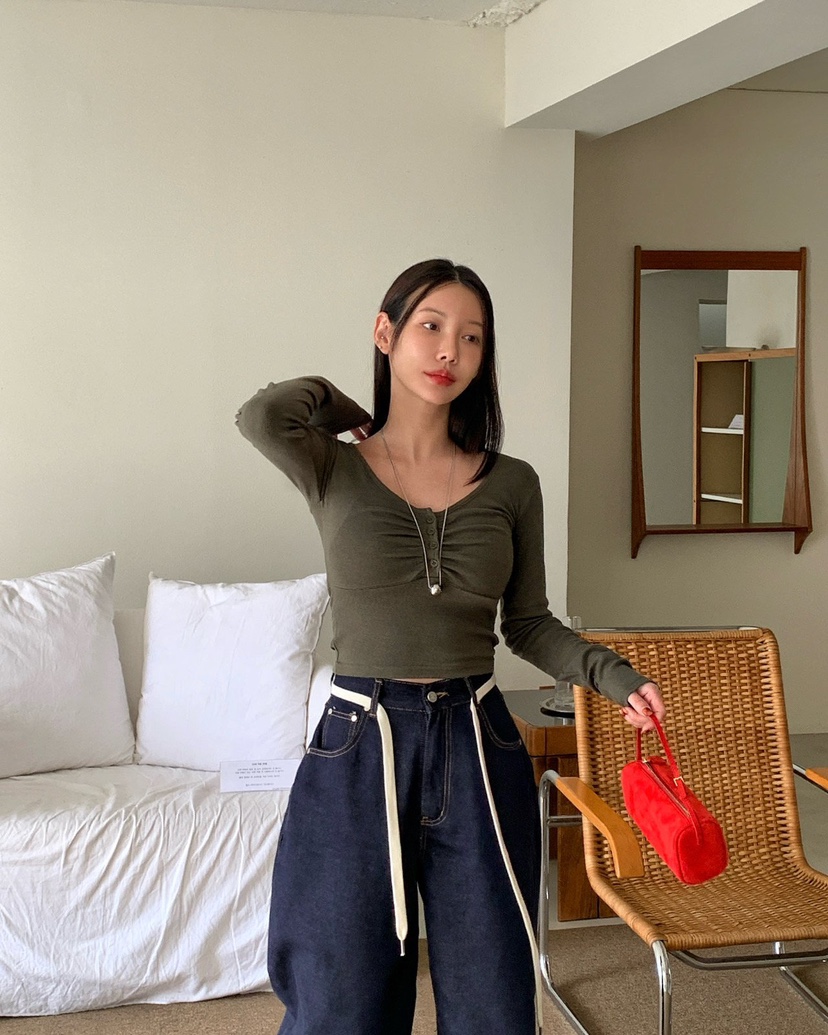 REVE CITE-L東大門㊣代購女士新品25秋冬長袖T恤褶皺紐扣REVE CITE長袖T恤