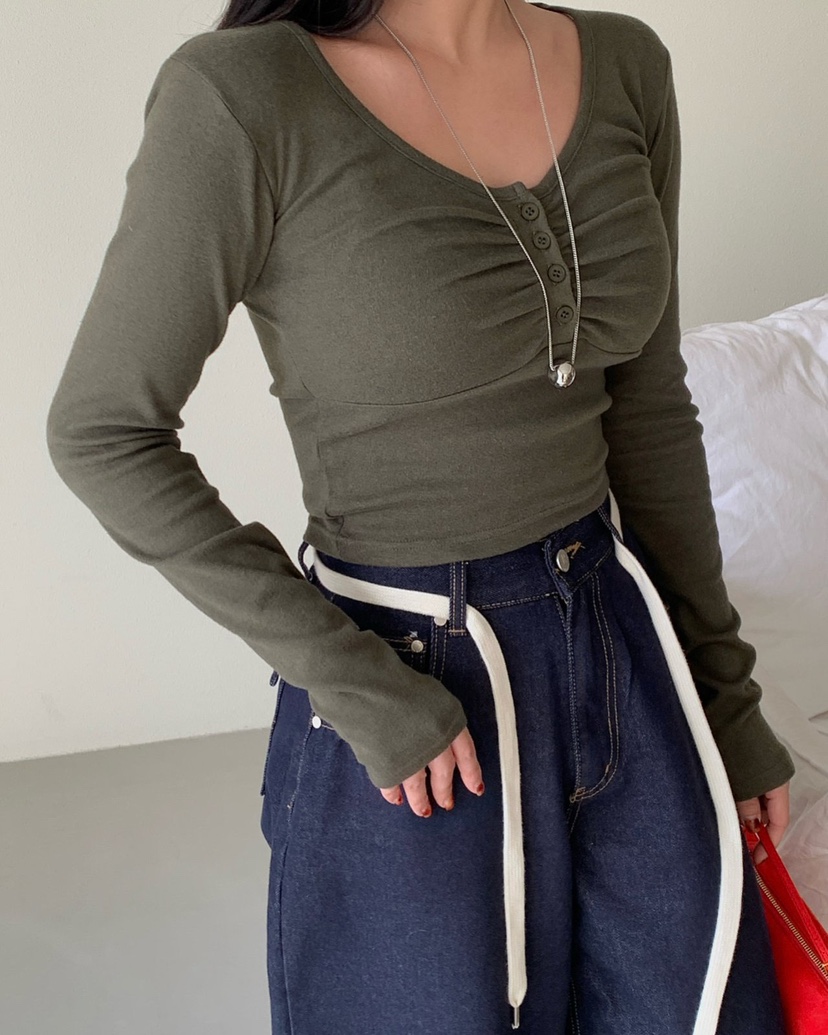 REVE CITE-L東大門㊣代購女士新品25秋冬長袖T恤褶皺紐扣REVE CITE長袖T恤