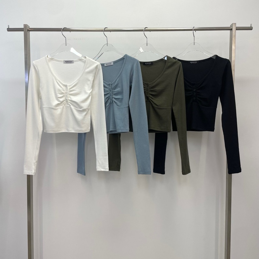 REVE CITE-L東大門㊣代購女士新品25秋冬長袖T恤褶皺紐扣REVE CITE長袖T恤