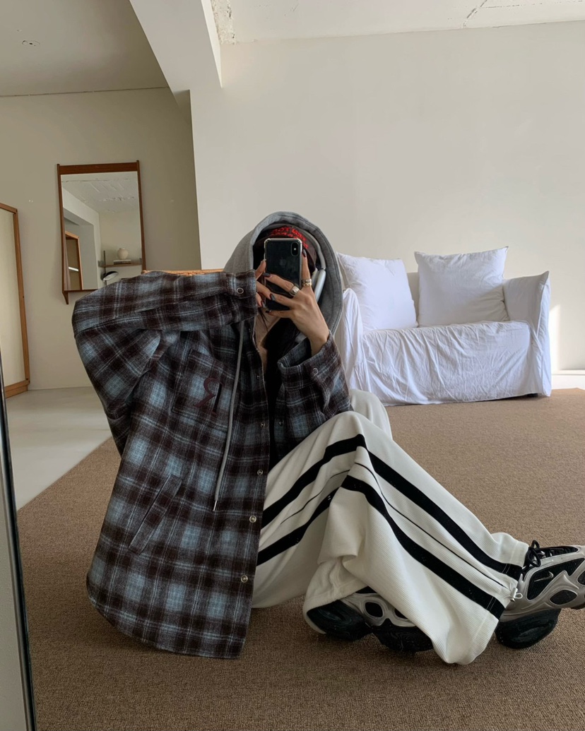 REVE CITE-L東大門㊣實拍女士新品休閑夾克連帽衫羊毛格子REVE CITE夾克