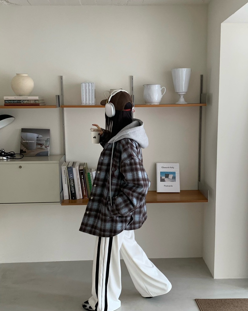 REVE CITE-L東大門㊣實拍女士新品休閑夾克連帽衫羊毛格子REVE CITE夾克