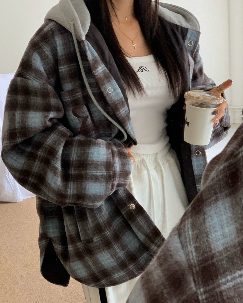 REVE CITE-L東大門㊣實拍女士新品休閑夾克連帽衫羊毛格子REVE CITE夾克
