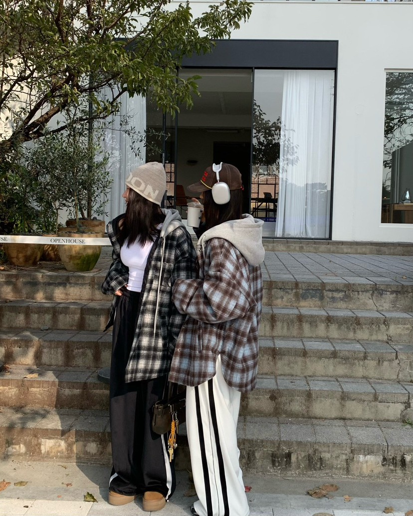 REVE CITE-L東大門㊣實拍女士新品休閑夾克連帽衫羊毛格子REVE CITE夾克