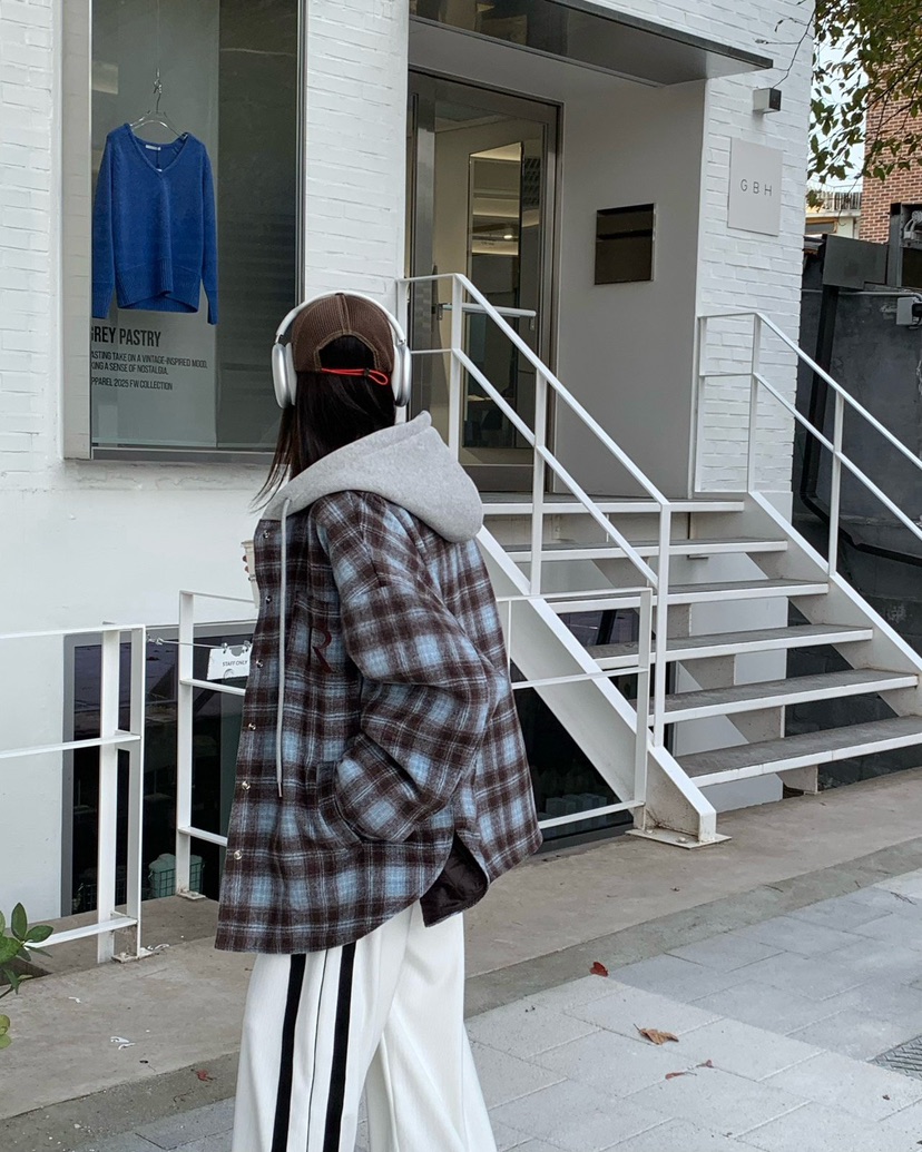 REVE CITE-L東大門㊣實拍女士新品休閑夾克連帽衫羊毛格子REVE CITE夾克