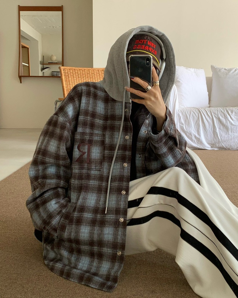 REVE CITE-L東大門㊣實拍女士新品休閑夾克連帽衫羊毛格子REVE CITE夾克