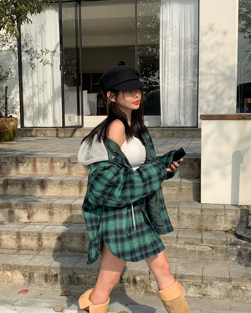 REVE CITE-L東大門㊣實拍女士新品休閑夾克連帽衫羊毛格子REVE CITE夾克