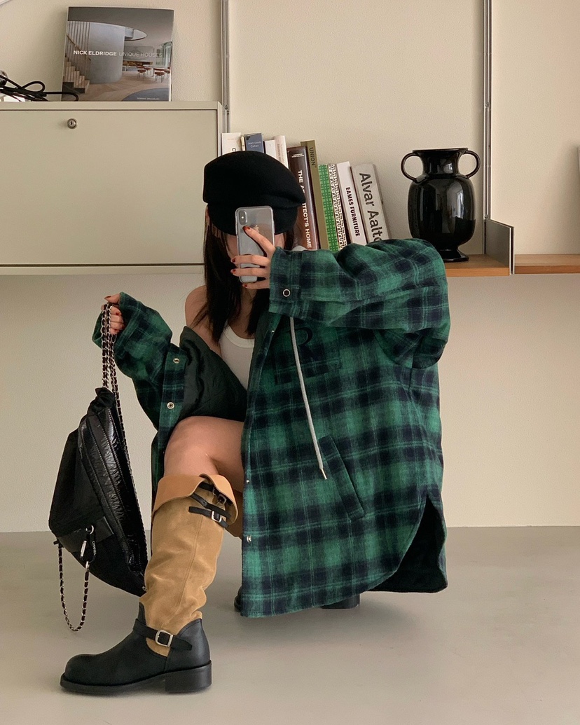 REVE CITE-L東大門㊣實拍女士新品休閑夾克連帽衫羊毛格子REVE CITE夾克