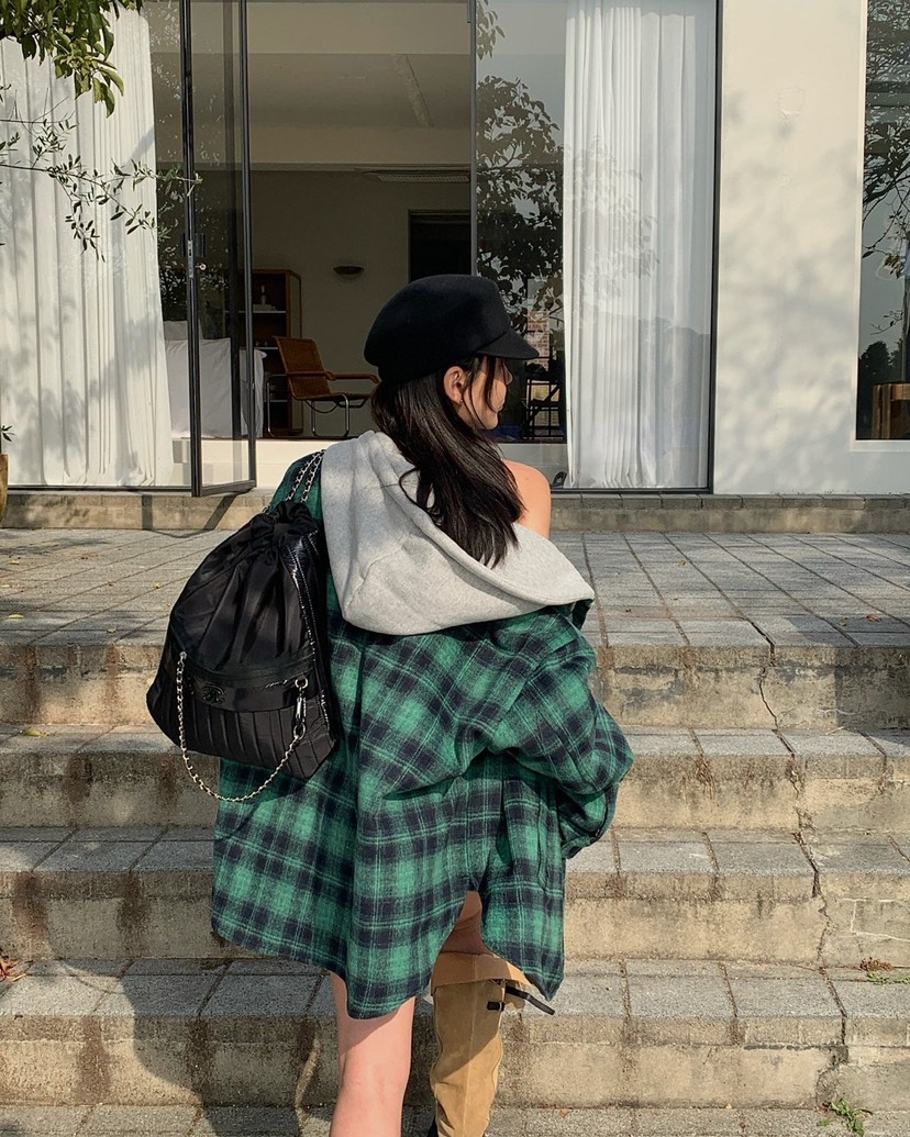 REVE CITE-L東大門㊣實拍女士新品休閑夾克連帽衫羊毛格子REVE CITE夾克