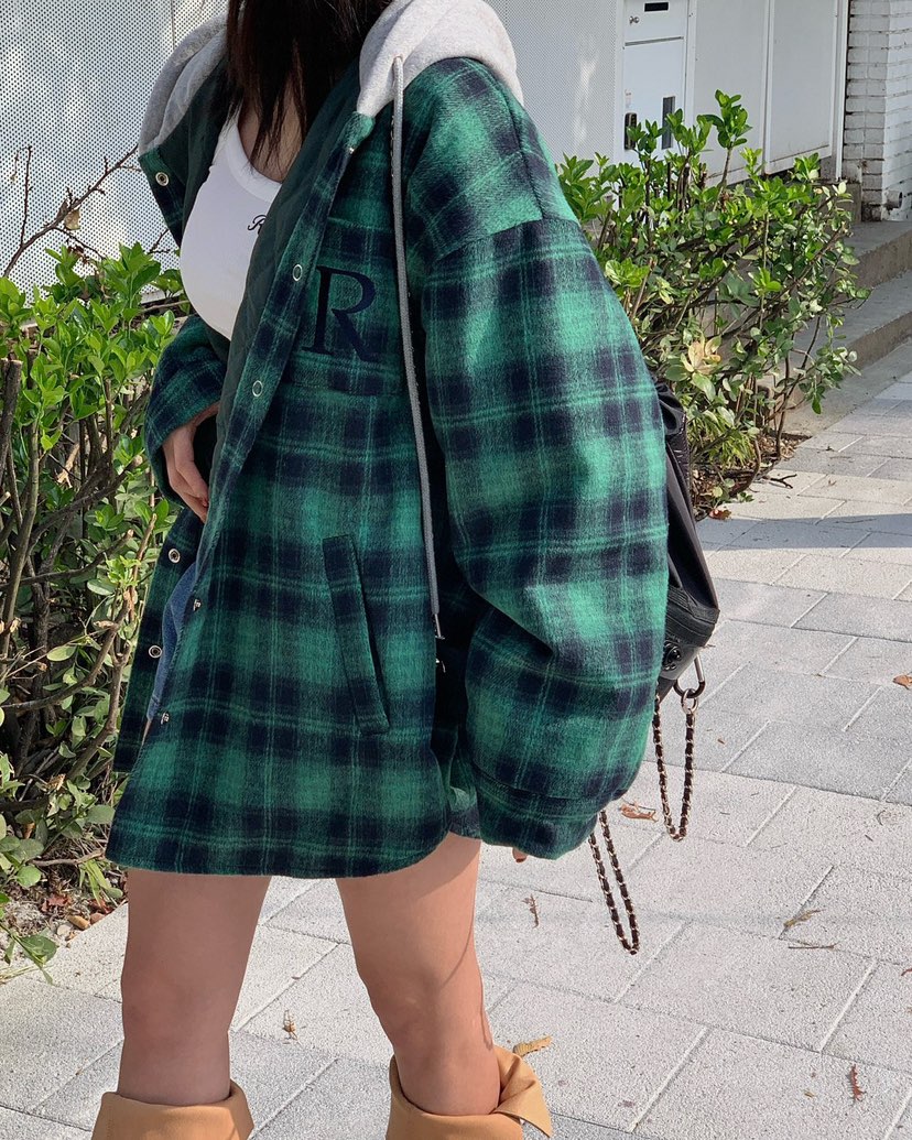 REVE CITE-L東大門㊣實拍女士新品休閑夾克連帽衫羊毛格子REVE CITE夾克