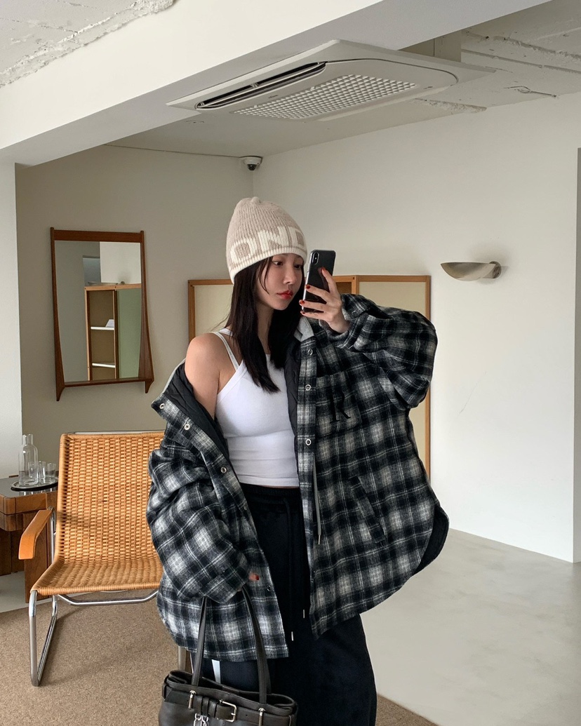 REVE CITE-L東大門㊣實拍女士新品休閑夾克連帽衫羊毛格子REVE CITE夾克