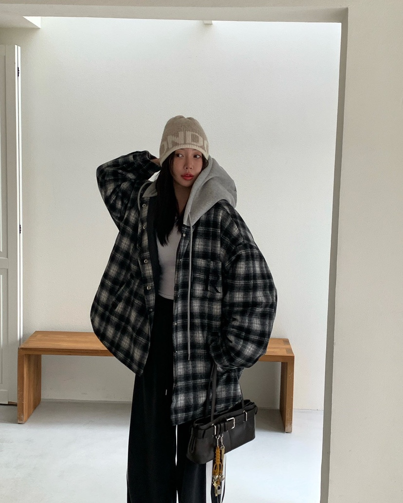 REVE CITE-L東大門㊣實拍女士新品休閑夾克連帽衫羊毛格子REVE CITE夾克