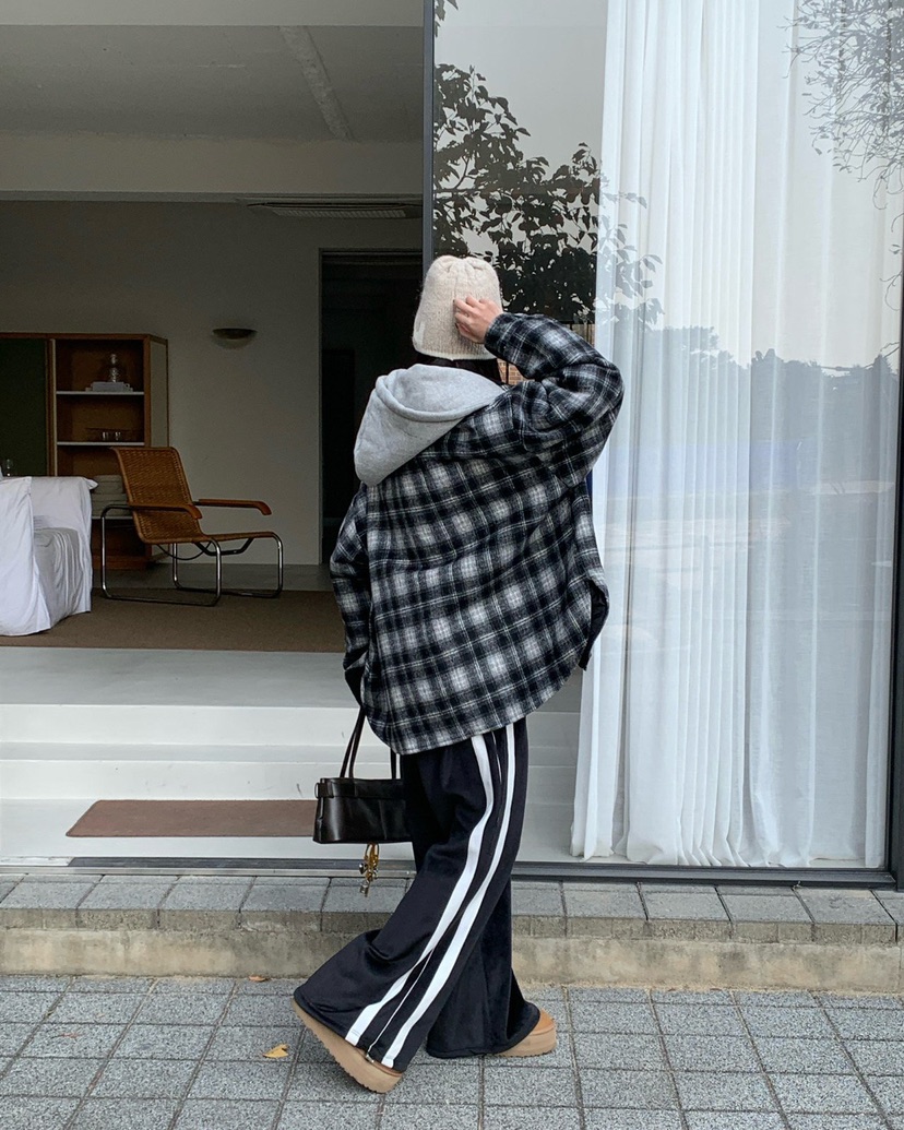 REVE CITE-L東大門㊣實拍女士新品休閑夾克連帽衫羊毛格子REVE CITE夾克